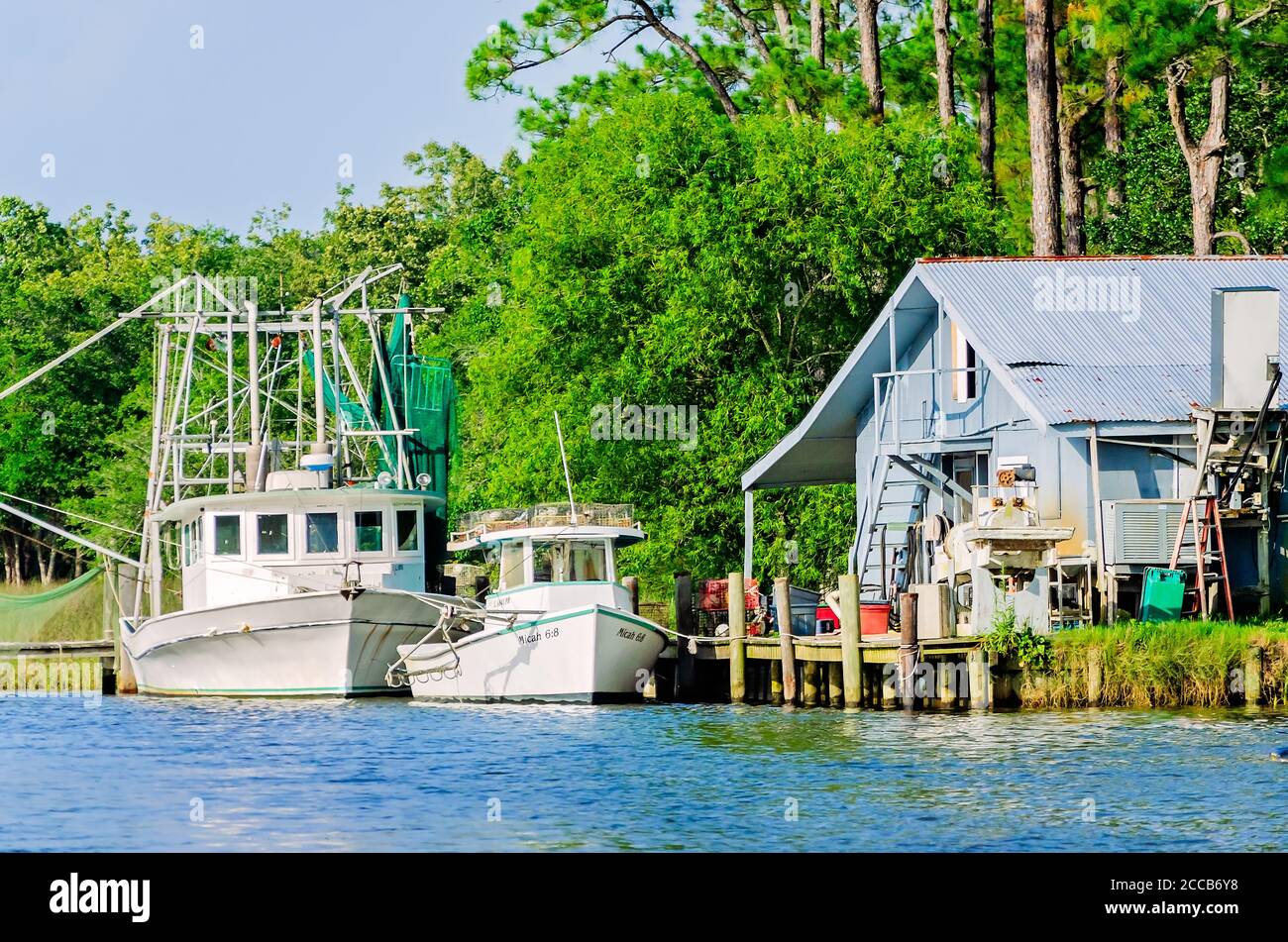 Ein Austernboot und ein Garnelenboot werden vor einem Haus am Fowl River, 6. Juli 2019, in CODEN, Alabama, angedockt. Stockfoto