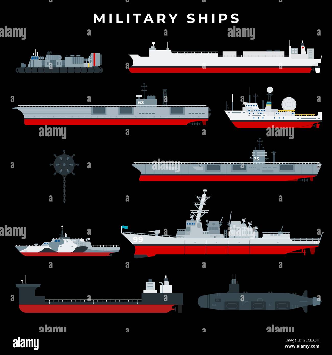 Kriegsschiff Set mit Boot, Schiff, Handwerk, Schlachtschiff, Militär, bewaffnet, Marine. Isoliert auf schwarzem Hintergrund. Dunkles Themenkonzept Stock Vektor