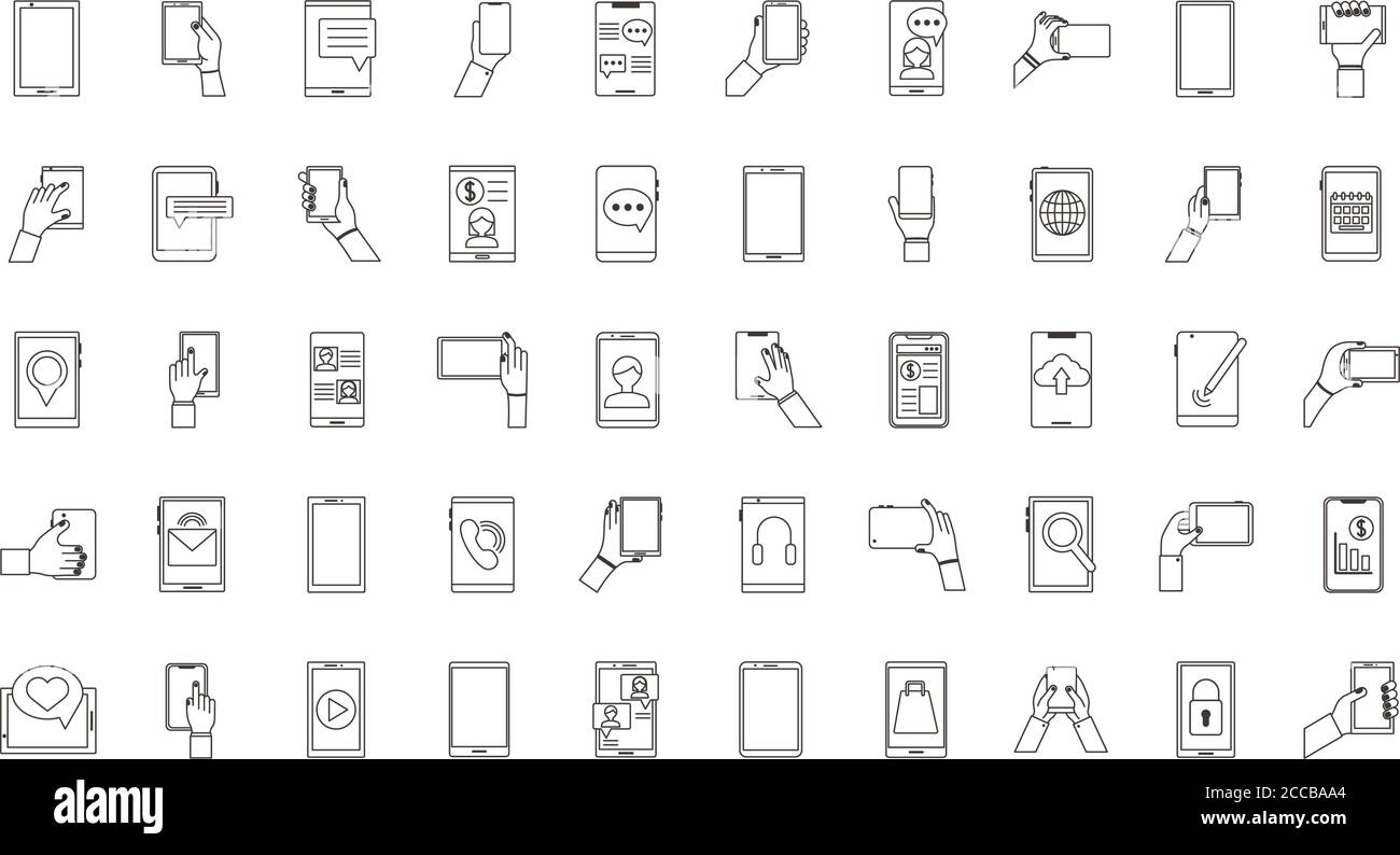 Bündel von fünfzig Smartphones Geräte setzen Symbole Vektor Illustration Design Stock Vektor
