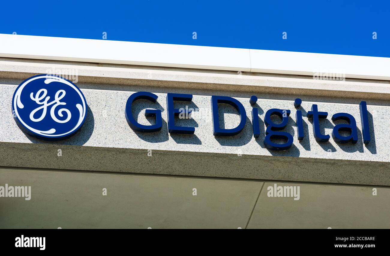 GE Digital-Logo und -Zeichen am Hauptsitz im Silicon Valley. GE Digital ist eine Tochtergesellschaft des amerikanischen multinationalen Konzerns Gene Stockfoto