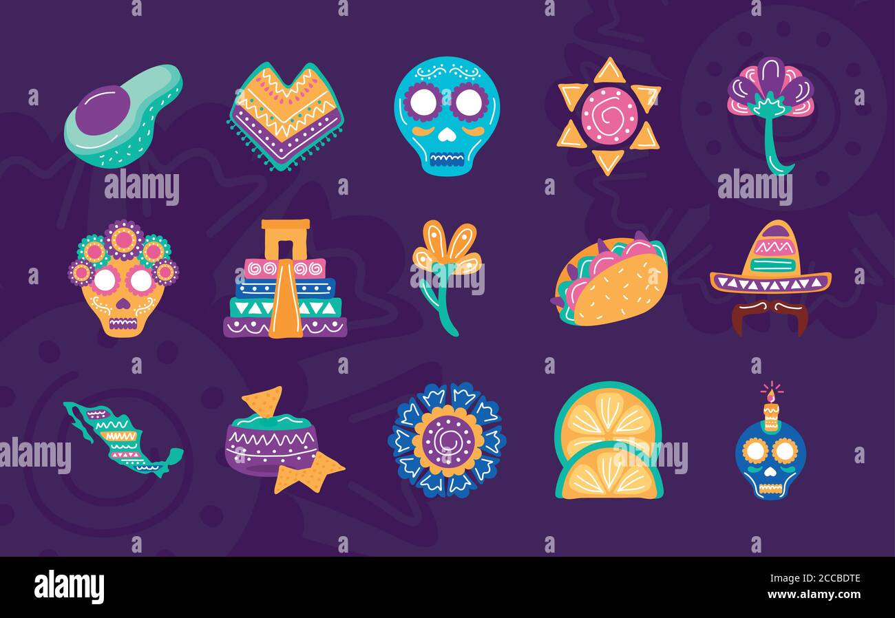Bündel von fünfzehn mexikanischen Ethnizität Set Icons Vektor Illustration Design Stock Vektor