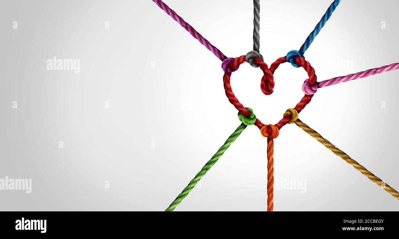 Zusammen und Einheit oder Liebe Partnerschaft und Konzept von Team und Teamwork Idee als Metapher für die Verbindung von verschiedenen Seilen miteinander als Herz verbunden. Stockfoto