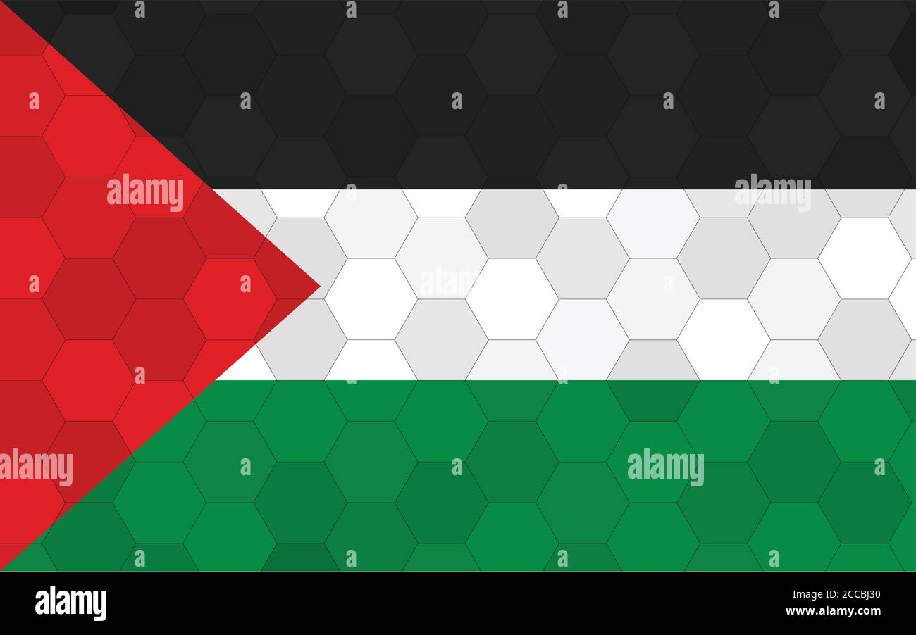 Abbildung der palästinensischen Flagge. Futuristische palästinensische Flagge Grafik mit abstraktem Hexagon Hintergrund Vektor. Palästinensische Nationalflagge symbolisiert die Unabhaeltsein Stock Vektor