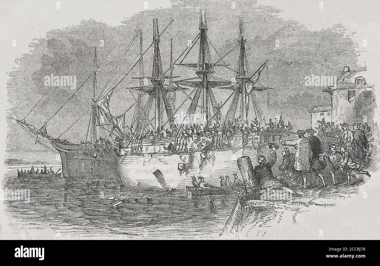 Gießen von Tee über Bord in Boston Harbor - Boston Tea Party Stockfoto