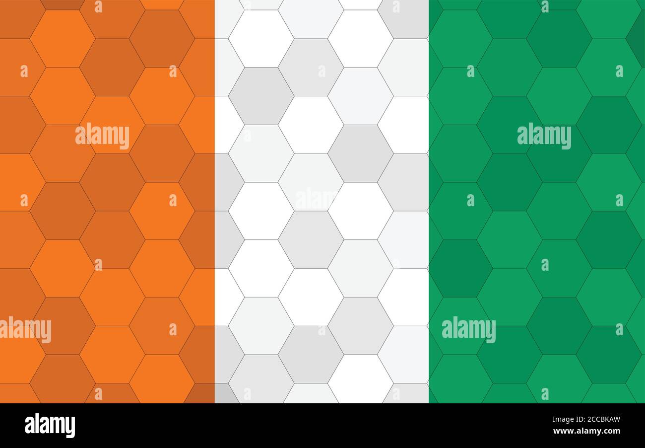 Abbildung der ivorischen Flagge. Futuristische Cote d'Ivorie Flag Grafik mit abstraktem Hexagon Hintergrund Vektor. Ivorische Nationalflagge symbolisiert Unabhängigkeit Stock Vektor