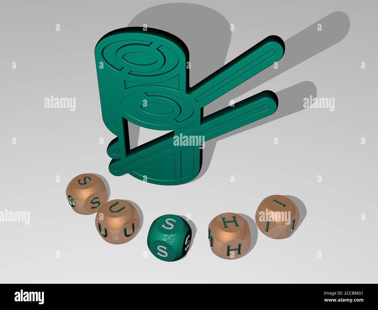 SUSHI runden Text von kubischen Buchstaben um 3D-Symbol, 3D-Illustration Stockfoto