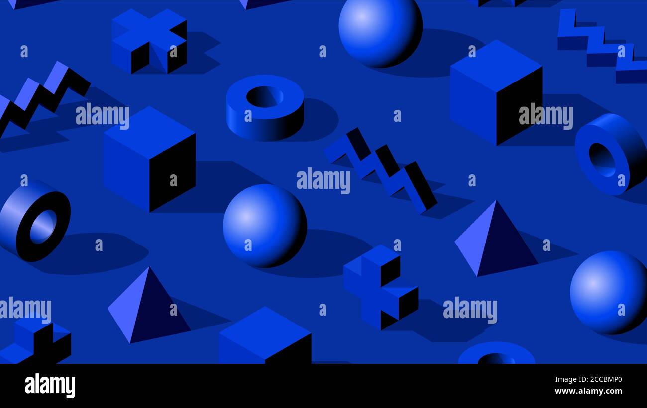 Abstrakte isometrische 3D-Formen auf königsblauem monochromen Hintergrund Stock Vektor