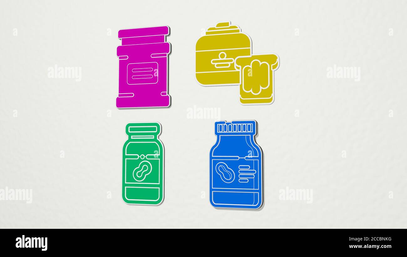 Erdnussbutter Bunte Reihe von Symbolen, 3D-Illustration Stockfoto