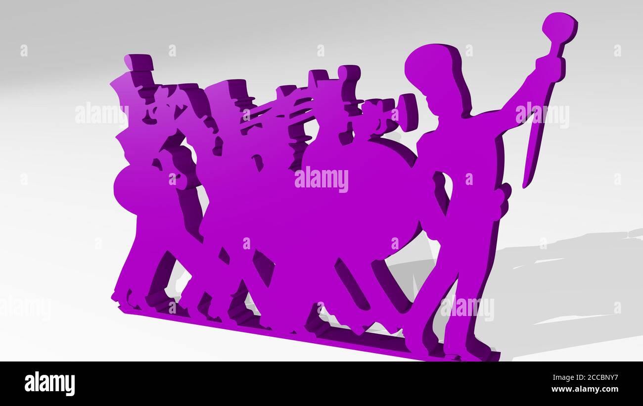 Armee Musiker marschieren zusammen 3D Symbol werfen Schatten, 3D-Illustration Stockfoto