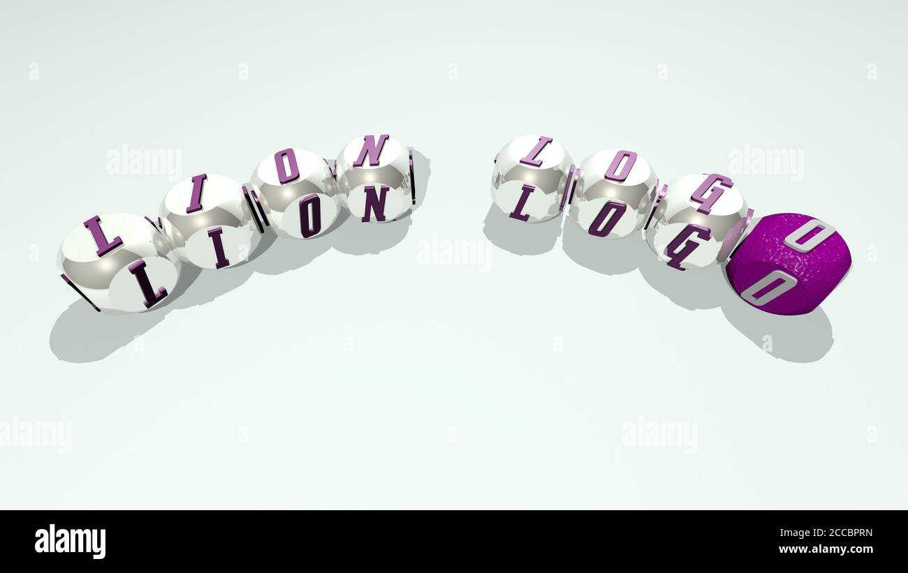 Kreuzworträtsel des Löwen Logo angeordnet durch kubische Buchstaben auf einem Spiegelboden, Konzept Bedeutung und Präsentation, 3D-Illustration Stockfoto
