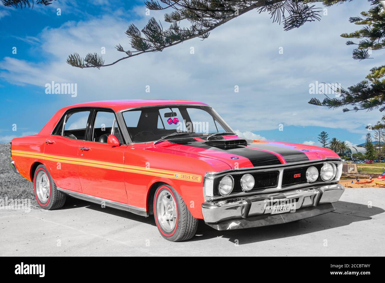 Ford Falcon 351-GT, eine viertürige Sportlimousine, die von 1970 bis 1972 im australischen Ford-Werk Broadmeadows gebaut wurde. Es hatte einen 351 Kubikzoll Cleveland V8 Stockfoto