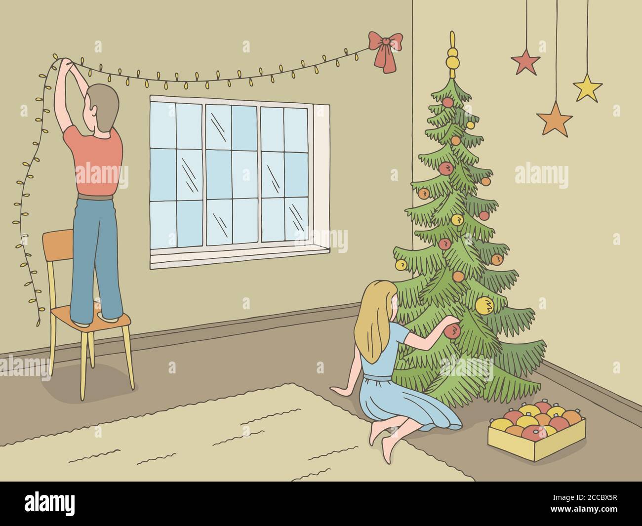 Kinder dekorieren das Zimmer und Weihnachtsbaum im Wohnzimmer Grafik Farbe Innen Skizze Illustration Vektor Stock Vektor