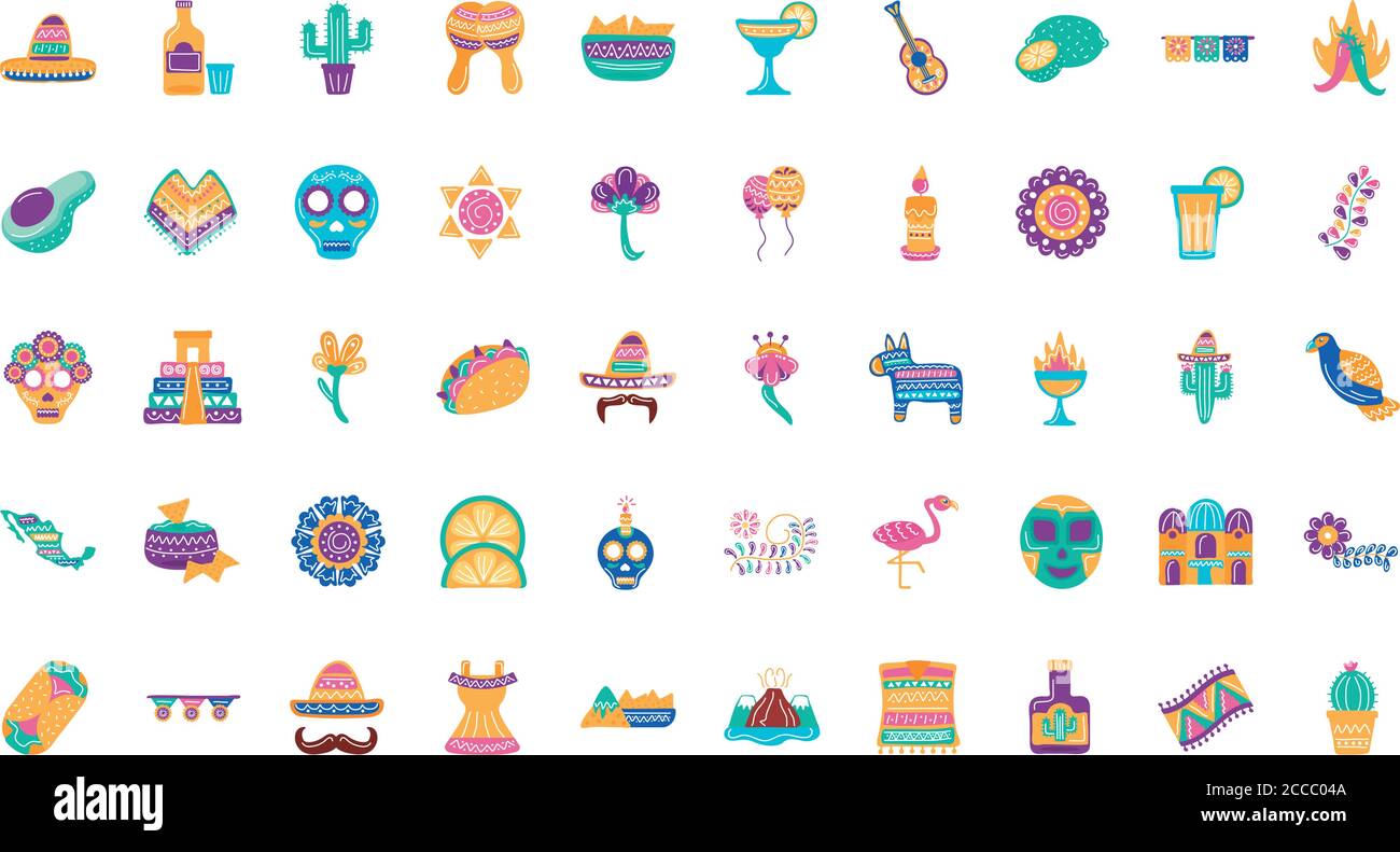 Bündel von fünfzig mexikanischen Ethnizität Set Icons Vektor Illustration Design Stock Vektor