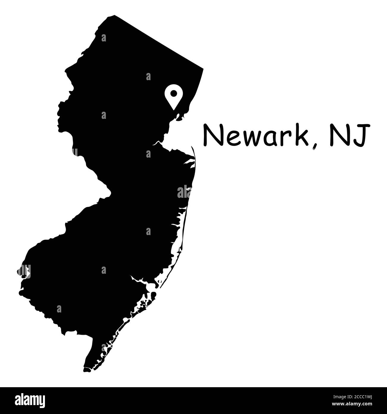 Newark auf New Jersey State Map. Detaillierte NJ State Map mit Location Pin auf Newark City. Schwarze Silhouette Vektorkarte isoliert auf weißem Hintergrund. Stock Vektor