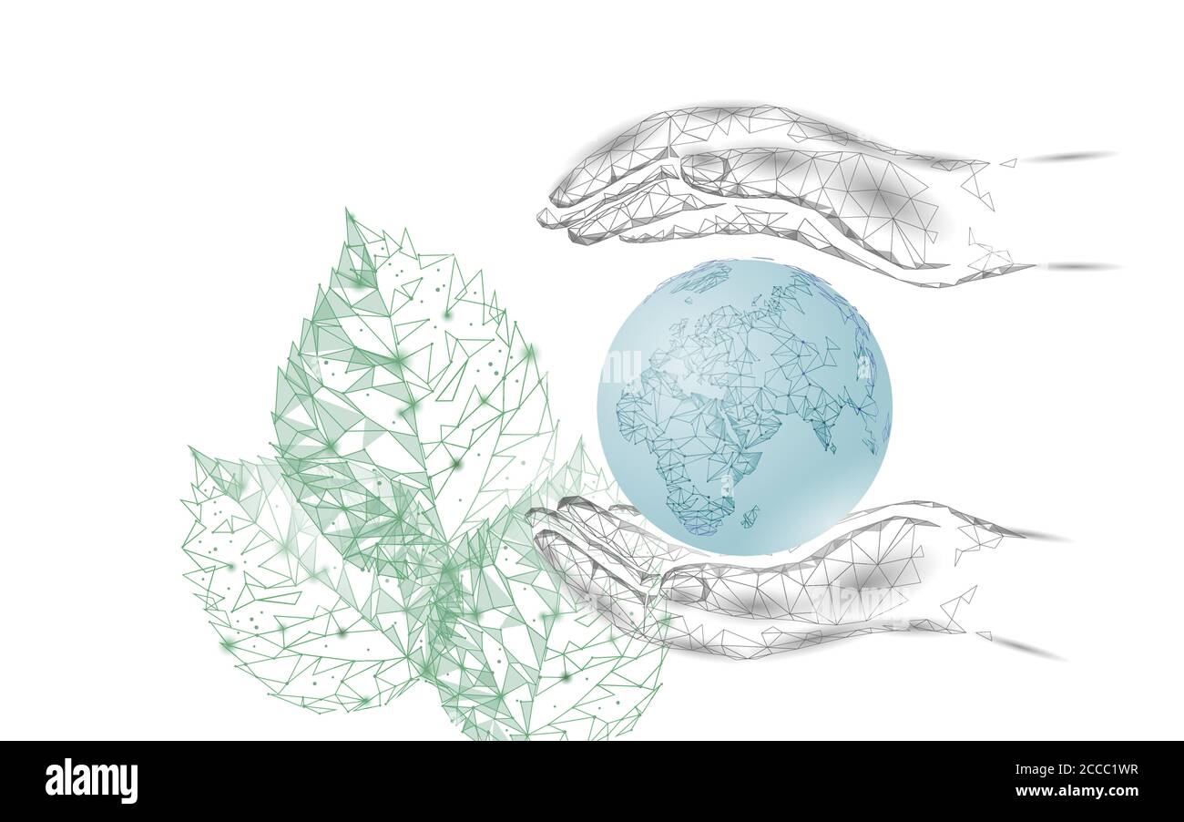 Pflanzenbaum ökologisches abstraktes Konzept. 3D Render Sämling Blätter. Speichern Planet Erde Hände Natur Umwelt wachsen Leben Öko Polygon Dreiecke low poly Stock Vektor