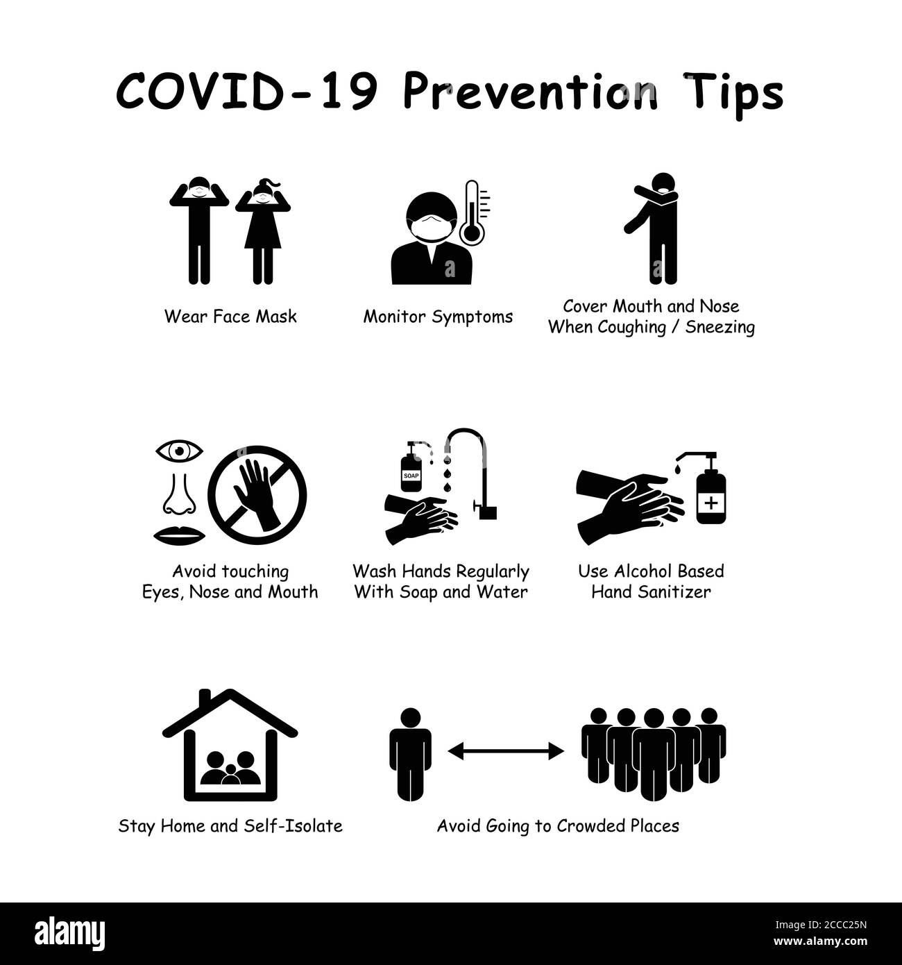 COVID-19 Tipps zur Pandemieprävention. Piktogramm Vektor Darstellung Präventiv und Sicherheitsmaßnahmen zur Verhinderung Coronavirus-Infektion Verbreitung Icon Set Stock Vektor