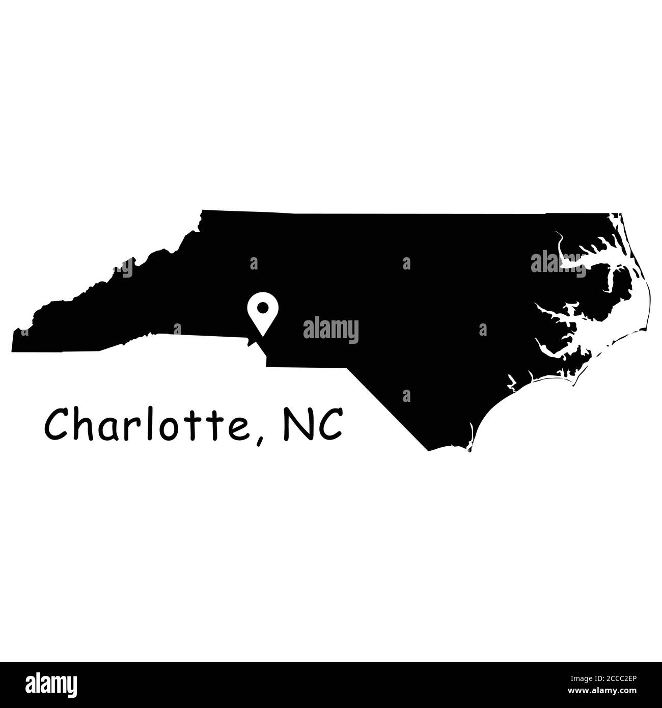 Charlotte auf North Carolina State Map. Detaillierte NC State Map mit Location Pin auf Charlotte City. Schwarze Silhouette Vektor-Karte isoliert auf weißem Hintergrund Stock Vektor