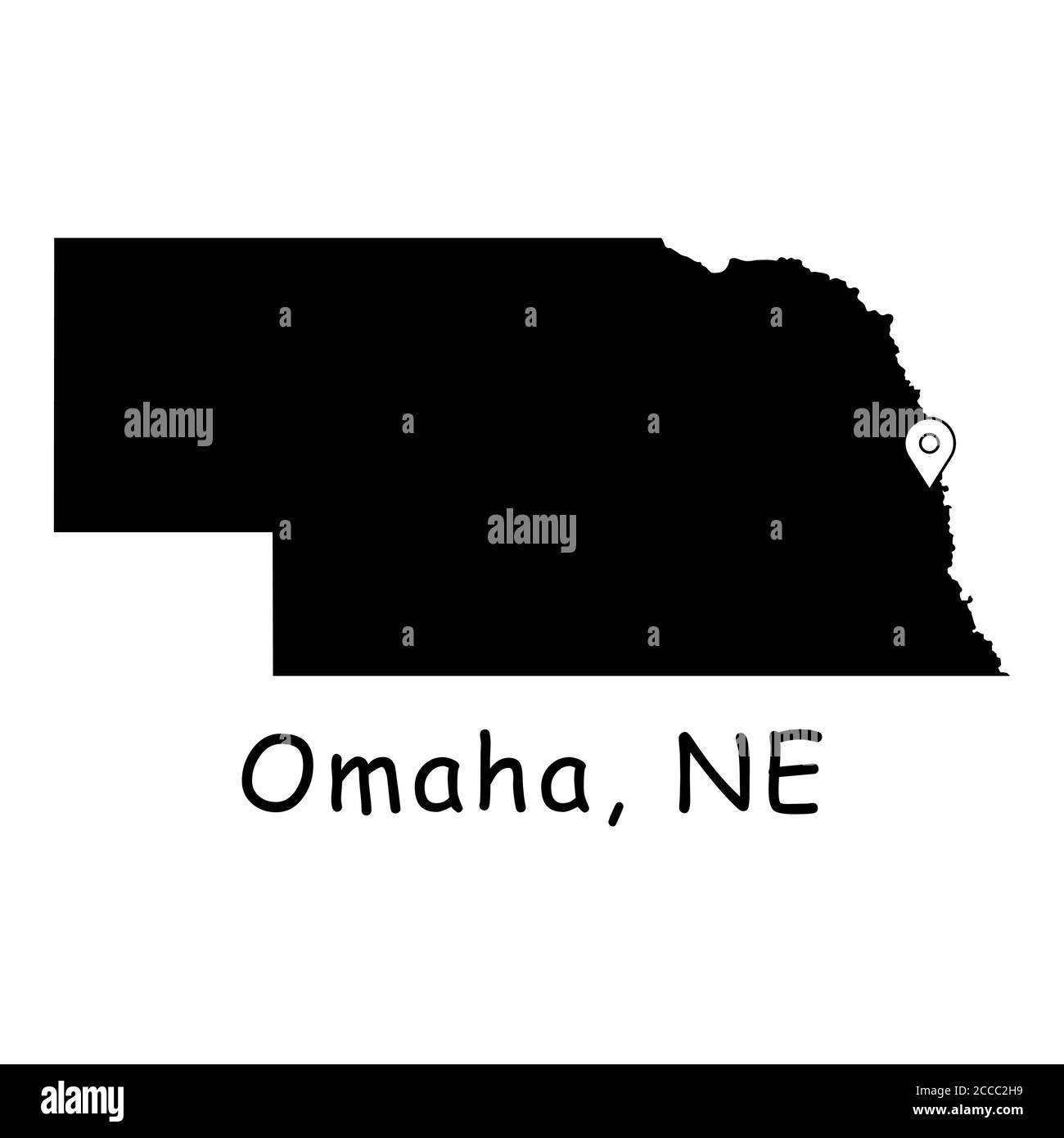 Omaha auf Nebraska State Map. Detaillierte NE State Map mit Location Pin auf Omaha City. Schwarze Silhouette Vektorkarte isoliert auf weißem Hintergrund. Stock Vektor