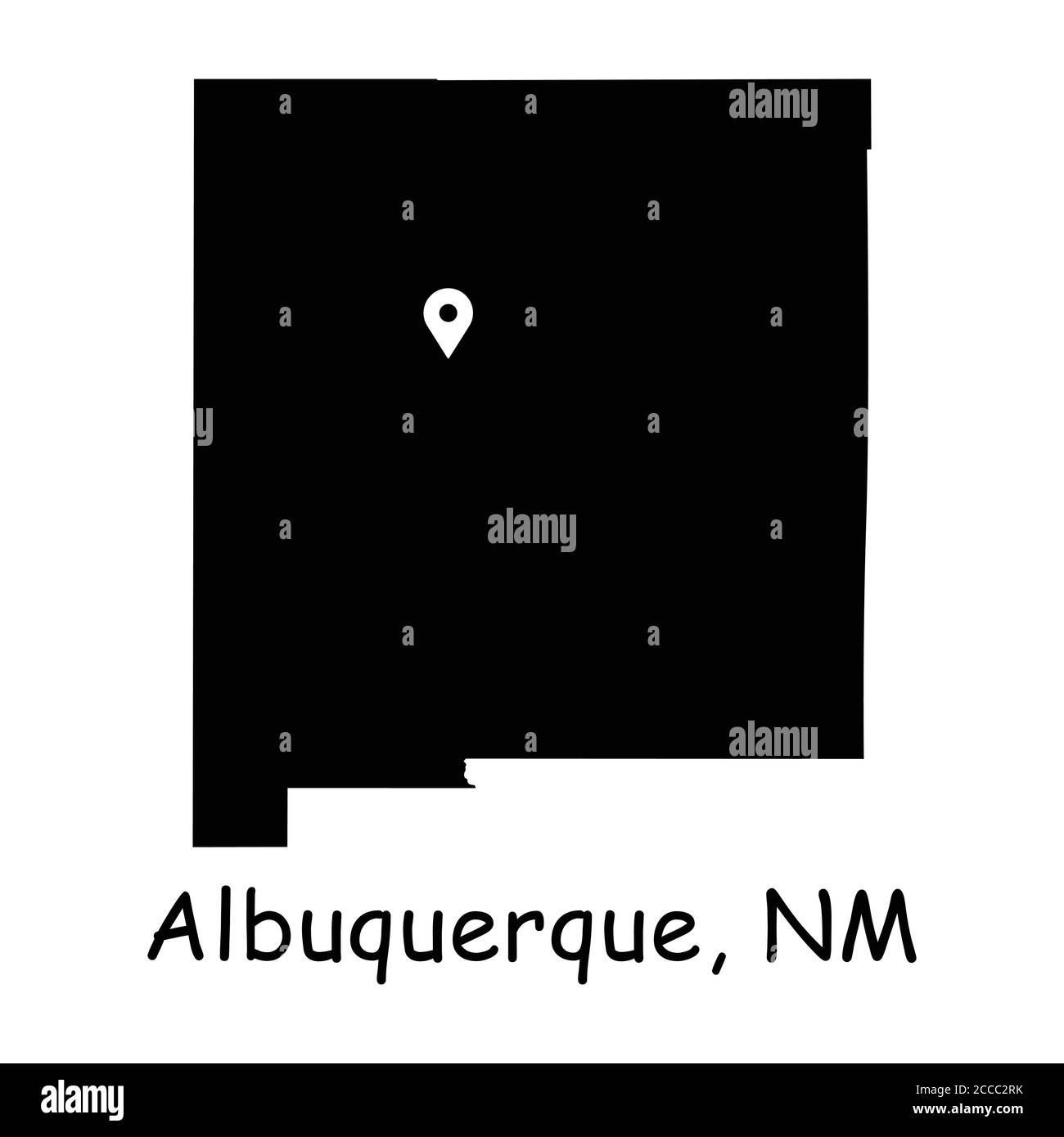 Albuquerque auf der New Mexico State Map. Detaillierte NM State Map mit Ortsnadel in Albuquerque City. Schwarze Silhouette Vektor-Karte isoliert auf weißem Hintergrund Stock Vektor
