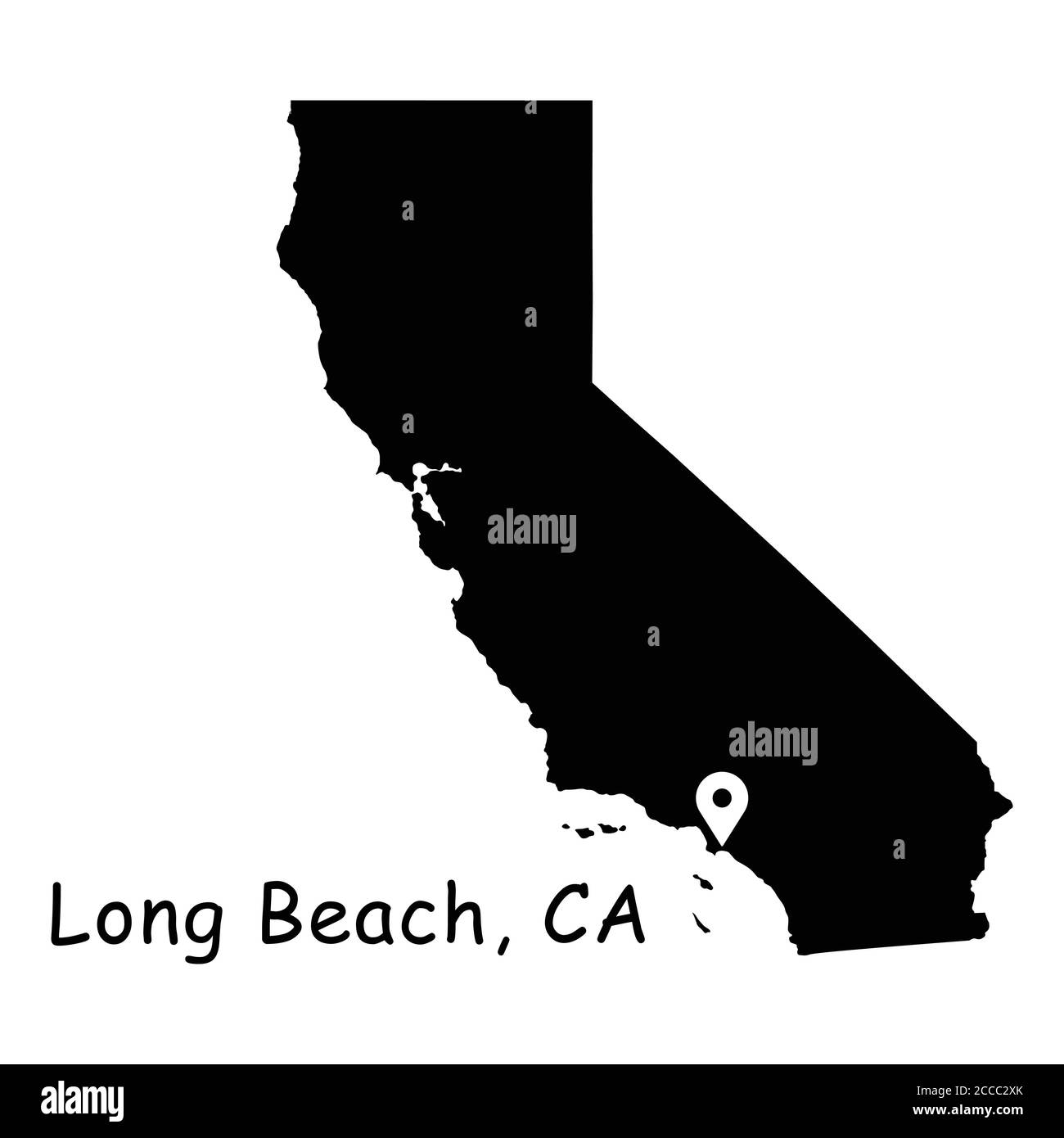 Long Beach auf der California State Map. Detaillierte CA State Map mit Location Pin auf Long Beach City. Schwarze Silhouette Vektor-Karte isoliert auf weißem Hintergrund Stock Vektor