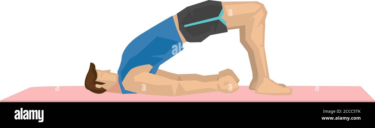 Illustration eines starken Mannes, der Yoga mit einer Brückenposition praktiziert. Konzept von Yoga Ruhe, Entspannung und Wellness. Vektorgrafik. Stock Vektor