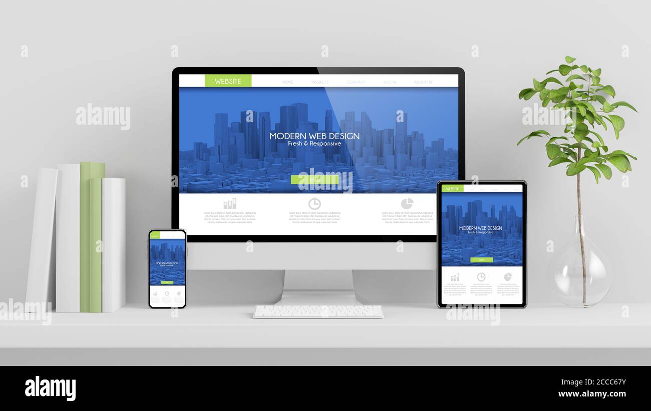 Responsive Website-Design auf Geräte Sammlung auf minimal eingerichtet Desktop-3d-Rendering Stockfoto