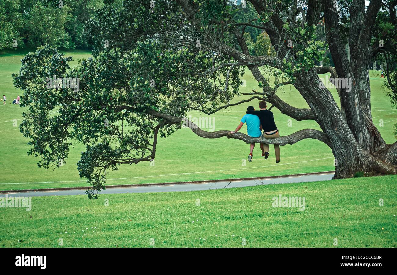 Zwei schwule Männer sitzen auf einem Baum Ast, umarmt Stockfoto