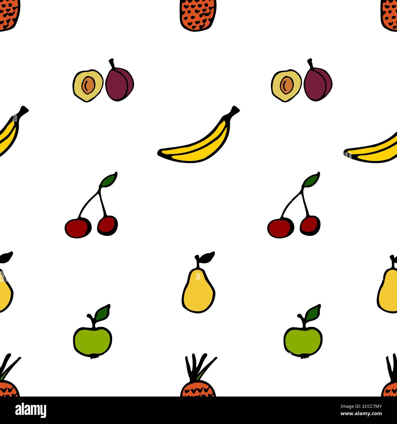 Nahtloses Fruchtmuster. Vektordarstellung mit Äpfeln, Birnen, Pflaumen, Bananen, Ananas und Kirschen. Stock Vektor