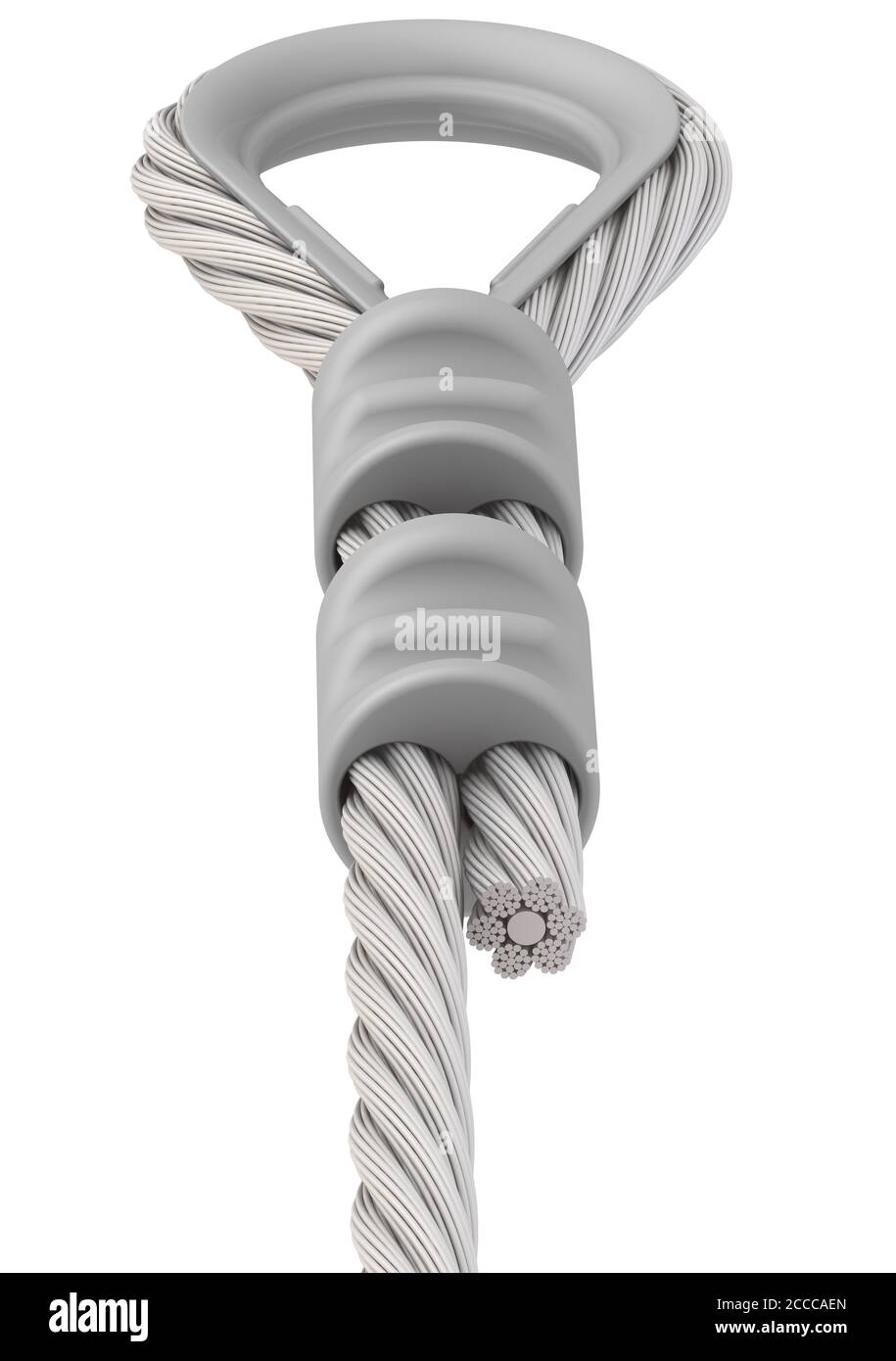 Befestigung des Seils. Schleife. Die Befestigung der Enden des Seils an der Schlingen mit dem Handschuh und der Crimphülse. 3D-Illustration Stockfoto