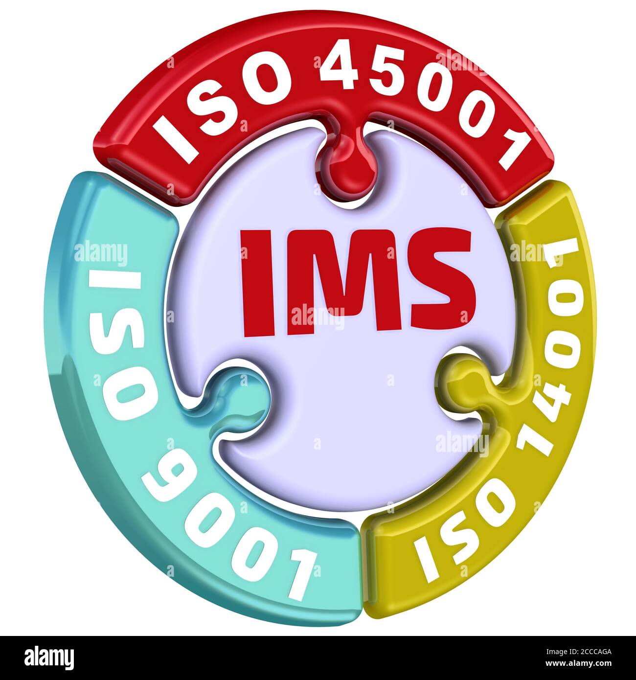IMS. Integriertes ISO-Managementsystem. Die Inschrift IMS. ISO 9001, ISO 14001, ISO 45001 auf dem Puzzle in Form eines Kreises. 3D-Illustration Stockfoto