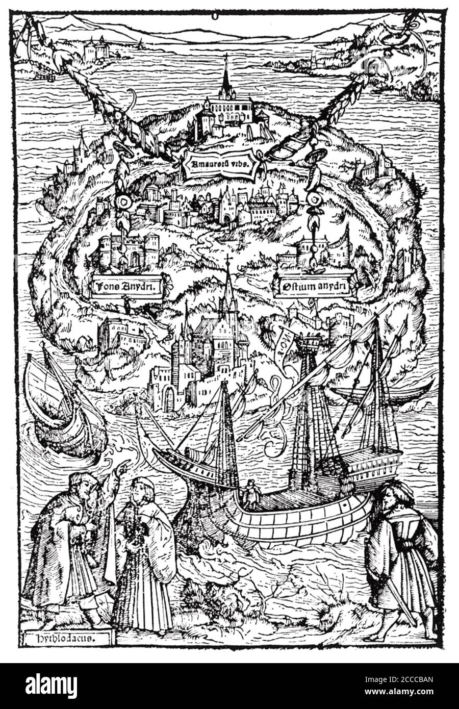 UTOPIA Holzschnitt aus dem Buch von Thomas More von 1516 Stockfoto