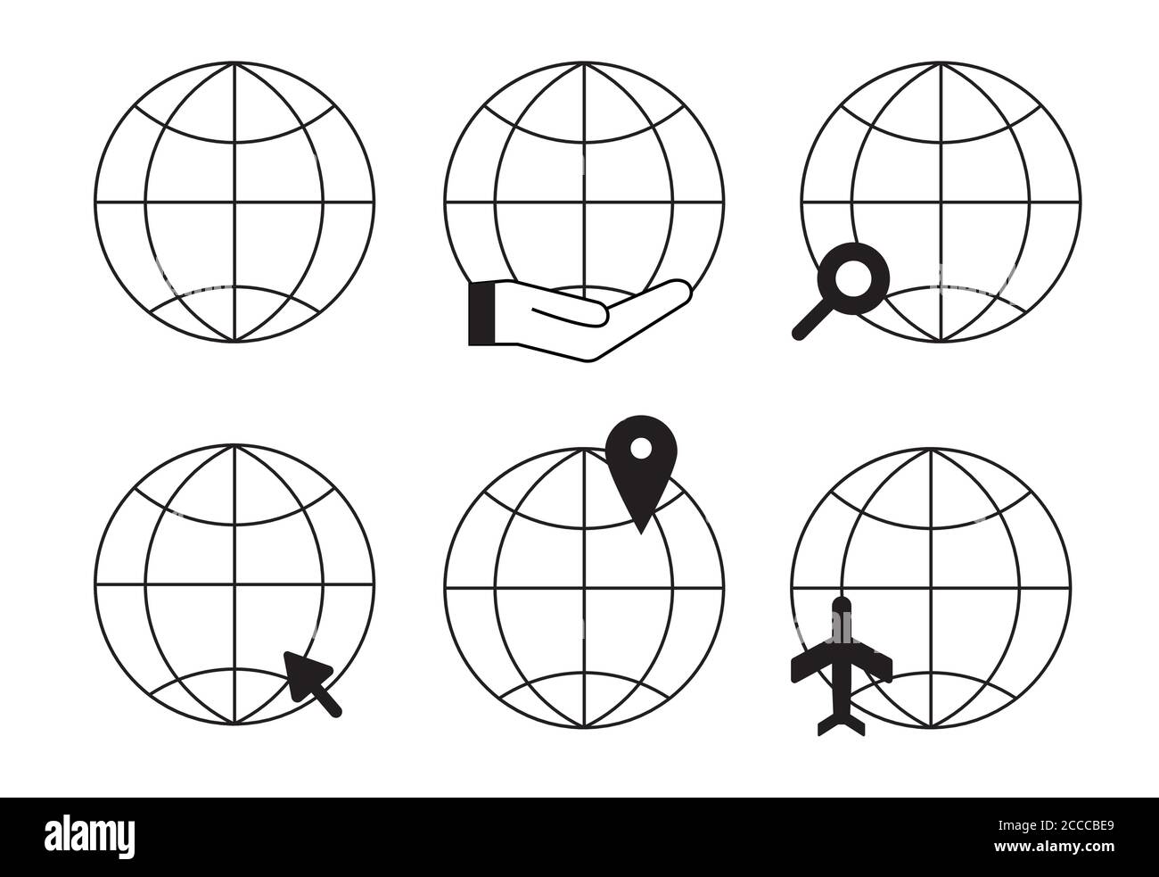 Symbole für den Globus-Erdvektor-Umriss festgelegt. Weltweit gehen Sie zu Web Symbole Sammlung Vektor-Illustrationen Stock Vektor