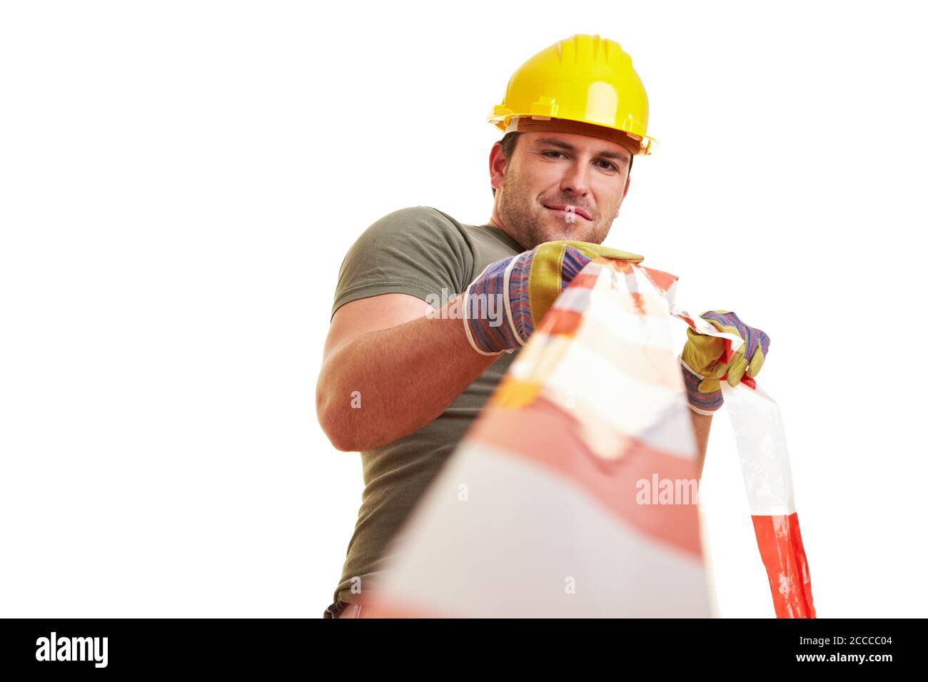 Bauarbeiter blockiert Baustelle mit roter und weißer Barriere Band Stockfoto