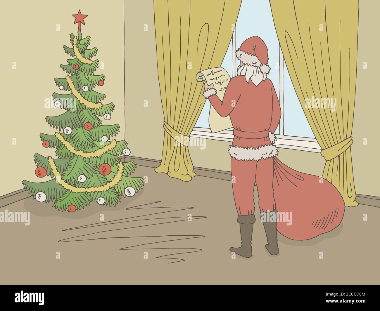 Weihnachtsmann liest eine Liste von Geschenken. Wohnzimmer Grafik Farbe Interieur Skizze Illustration Vektor Stock Vektor