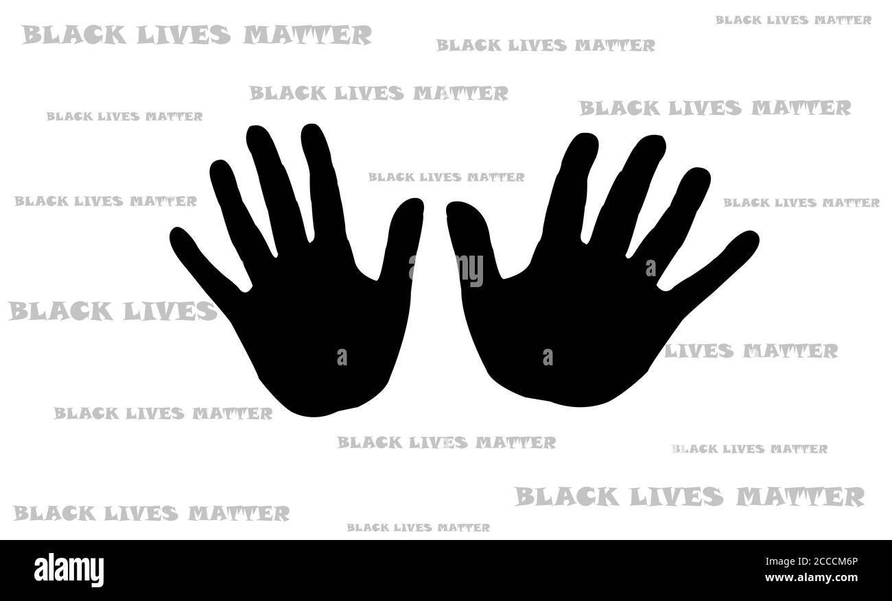 Illustration von zwei schwarzen Händen, auf schwarzem Hintergrund mit dem Text "Black Lives Matter" als Symbol der Bürgerrechte der schwarzen Gemeinschaft. Concep Stockfoto