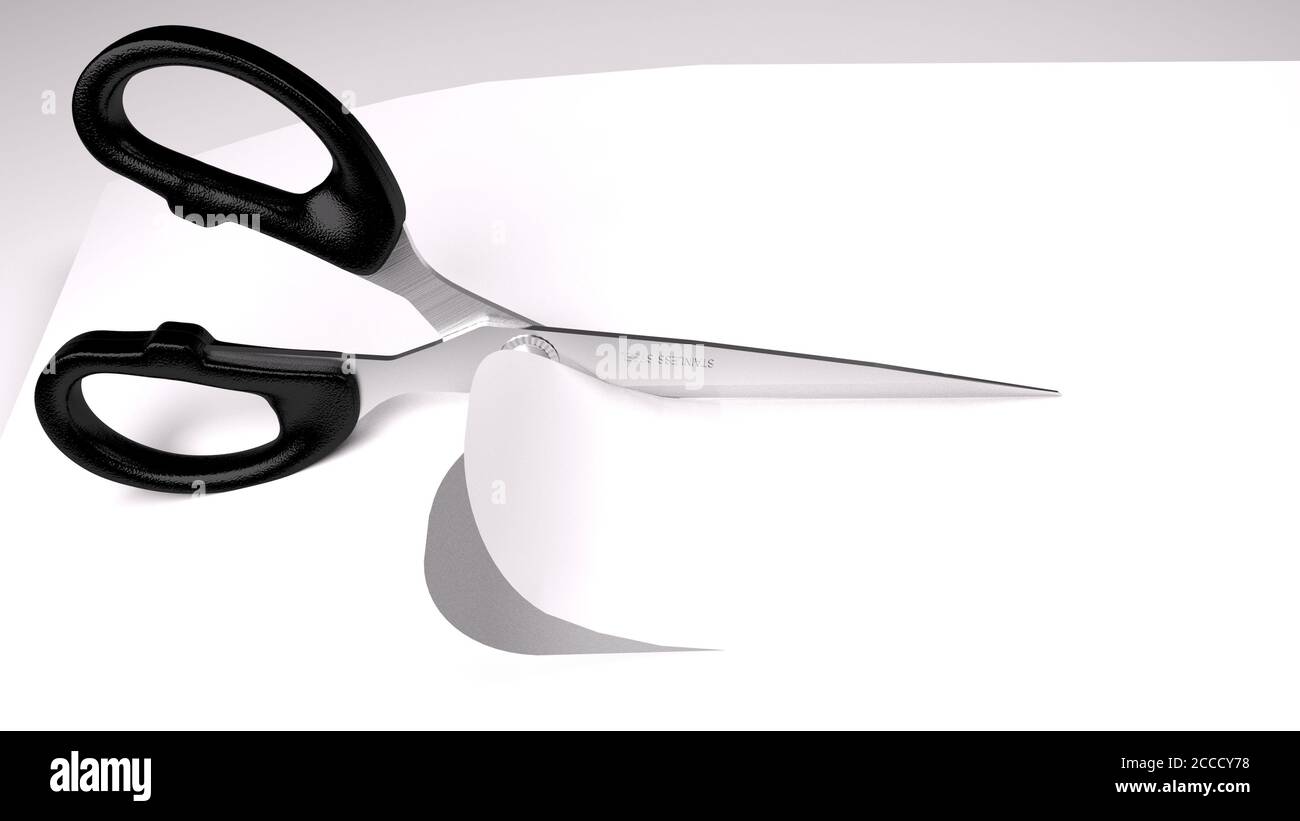 Scheren schneiden weißes Papier. 3D-Rendering Stockfoto