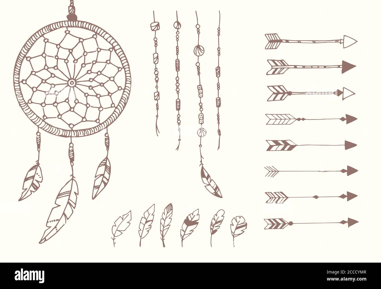 Handgezeichnete indianische Federn, Traumfänger, Perlen und Pfeile, Vektorgrafik Stock Vektor