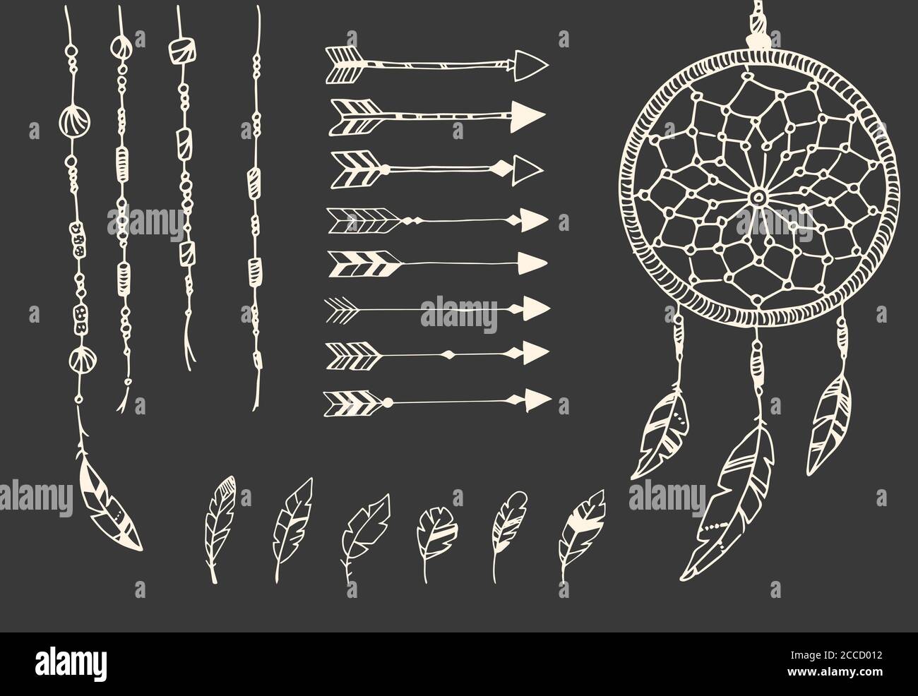 Handgezeichnete indianische Federn, Traumfänger, Perlen und Pfeile, Vektorgrafik Stock Vektor