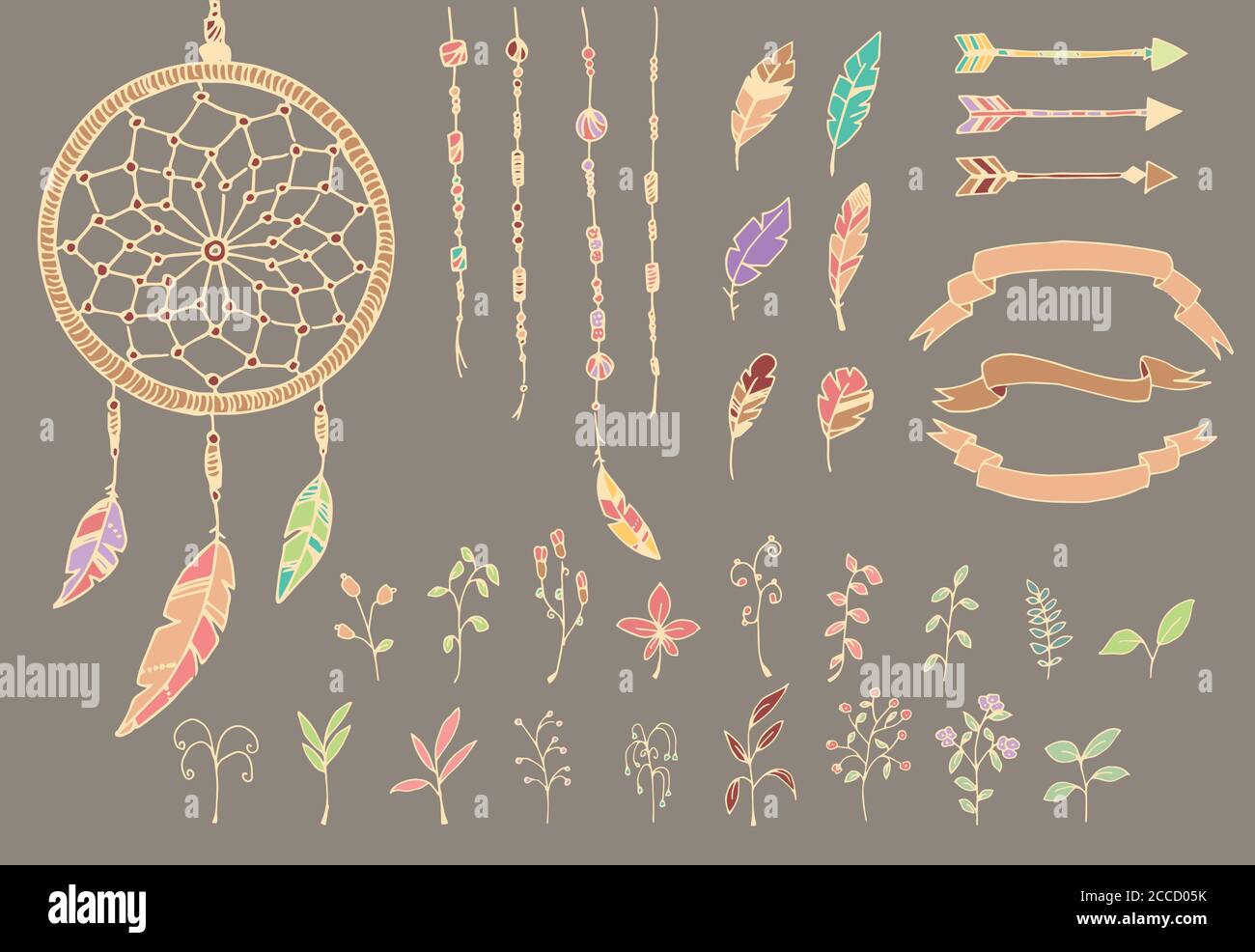 Handgezeichnete indianische Federn, Traumfänger, Perlen, Pfeile und Blumen, Vektorgrafik Stock Vektor