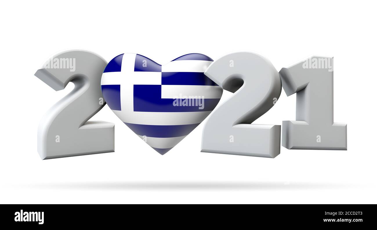 Neujahr 2021 mit griechenland Flagge Herz. 3D-Rendering Stockfoto