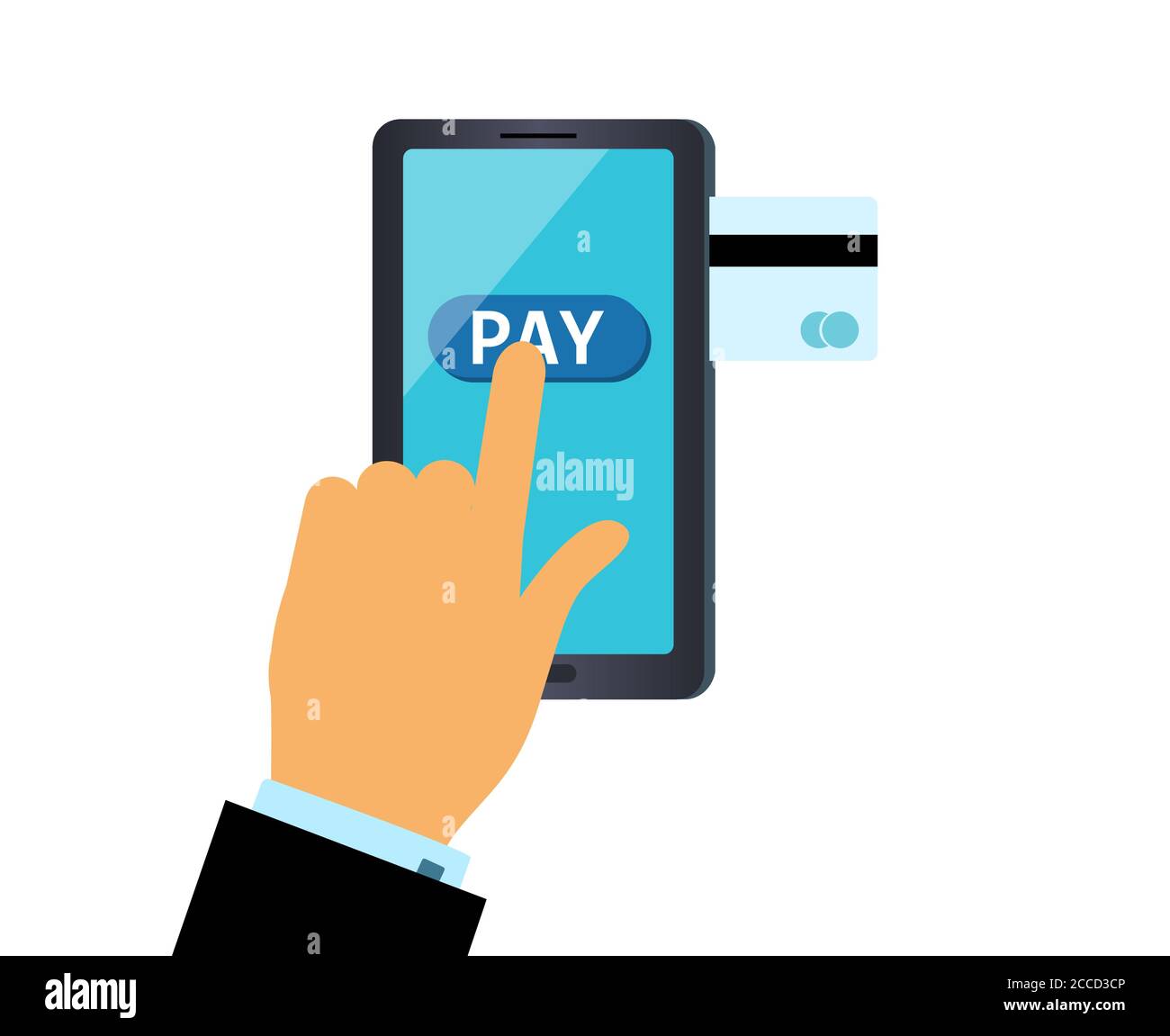 Online-Zahlung. Die Hand drückt die Pay-Taste auf dem Smartphone. Das Konzept der Online-Zahlung für eine Bestellung per Bankkarte. Vektorgrafik im flachen Stil. Stock Vektor