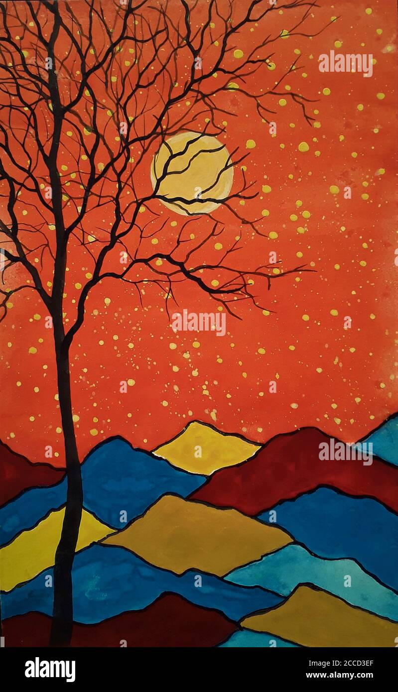 Gouache malen. Roter Himmel, Mond, farbenfrohe Berge und Baumsilhouette. Stockfoto