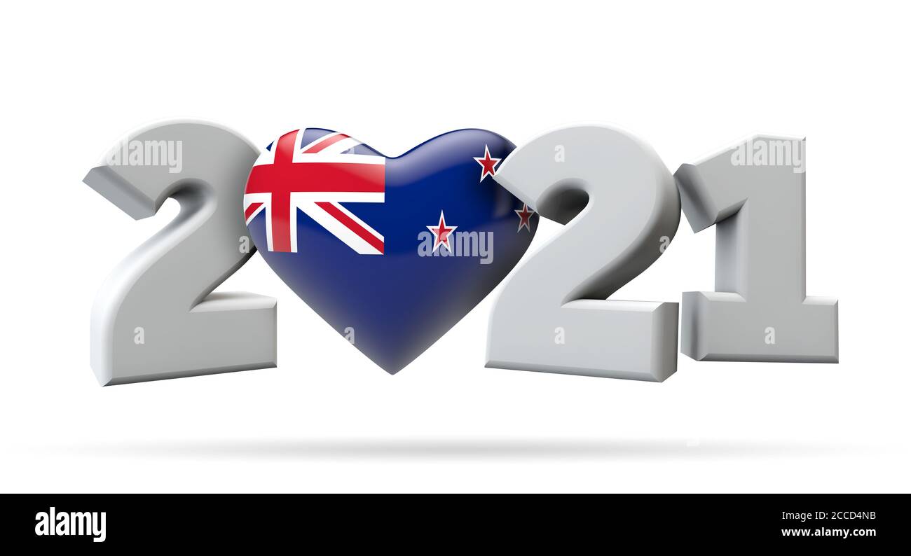 Neujahr 2021 mit neuseeländischem Flaggenherz. 3D-Rendering Stockfoto