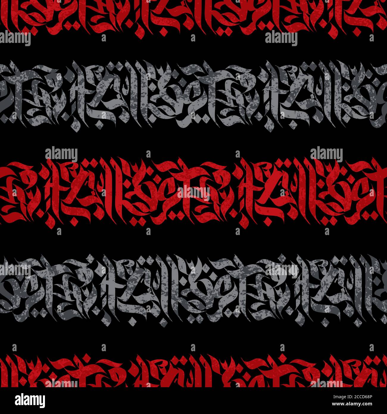 Nahtlose rot und grau Kalligraphie Vektor Illustration. Moderner Musterstil ausdrucksstarkes Grunge Gothic Graffiti Muster. Dekoratives Ornament, abstrakt Stockfoto