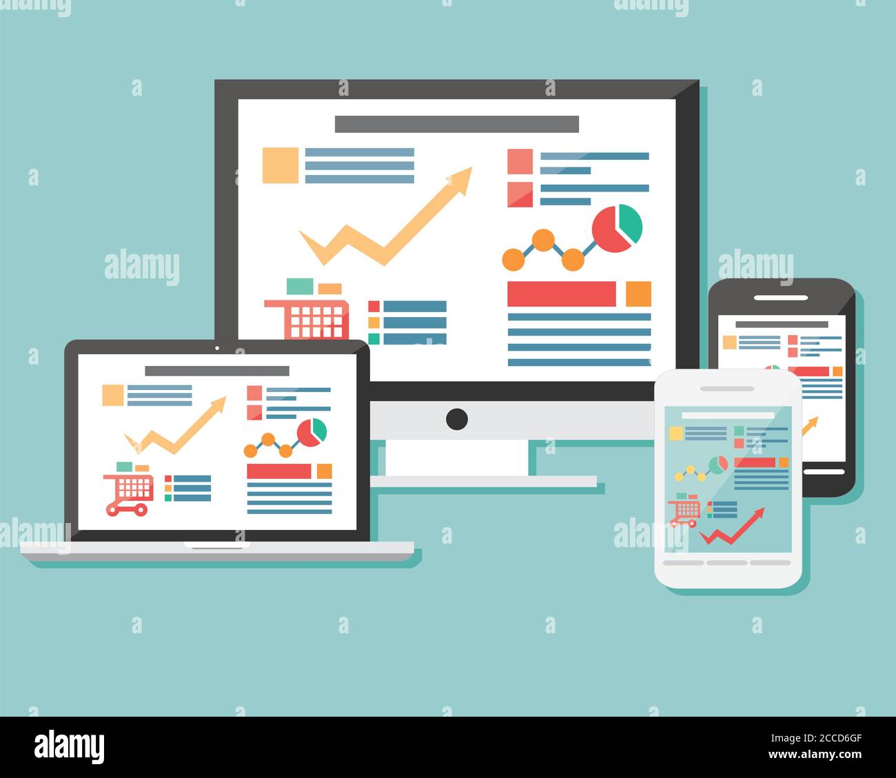 Sammlung von flachen Icons Handy, Laptop, Computer, elektronisches Gerät, Responsive Web-Design, Infografik Elemente Stock Vektor