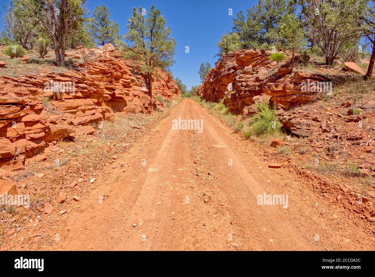 Bullock Road in Arizona mit einem einspurigen Abschnitt durch einen Mini-Canyon auf dem Weg nach Ash Fork. Stockfoto