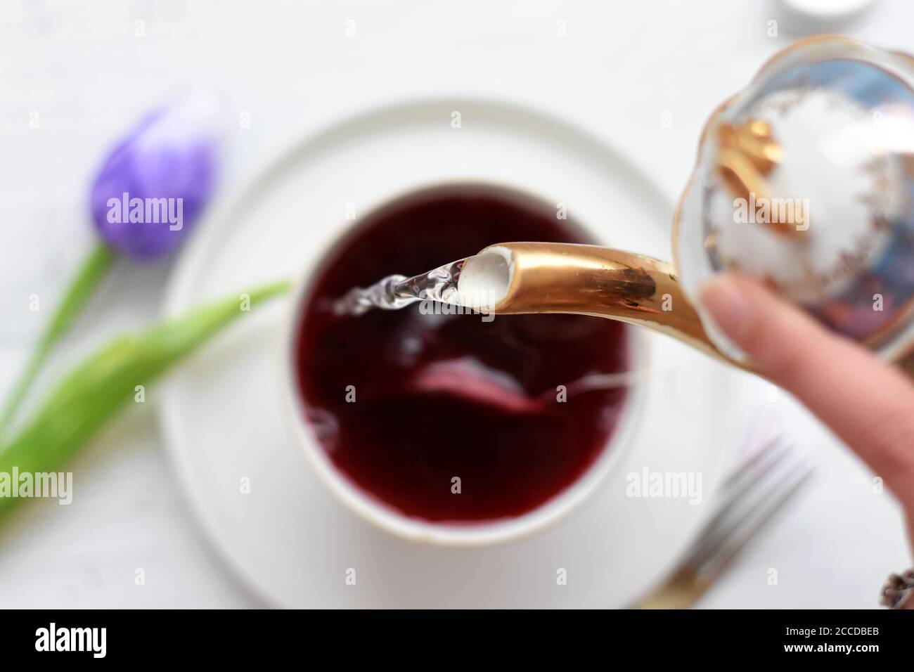 Frau gießt heißen roten Tee in einer Tasse auf ein Weißer Holztisch/ frische blaue Tulpe und Tasse rot Kräutertee auf weißem Holztisch Stockfoto