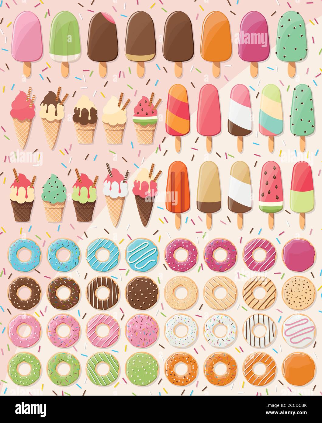 Riesige Sammlung von 28 Eis und 32 Donuts, leckere und leckere Sommerleckereien, Vektor-Illustration Stock Vektor