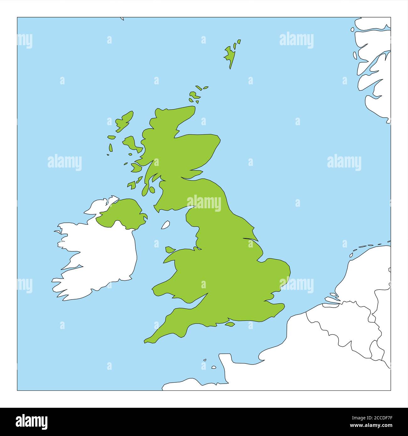 Karte des Vereinigten Königreichs von Großbritannien und Nordirland grün mit Nachbarländern hervorgehoben. Stock Vektor