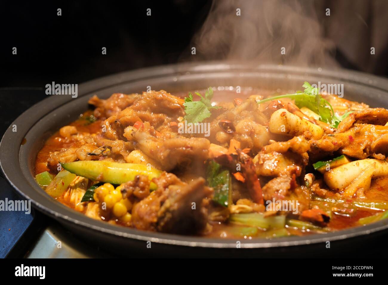 Nahaufnahme Tasty Bullfrog Hot Pot in der Dunkelheit. Chinesisches Essen. Hintergrund verwischen Stockfoto